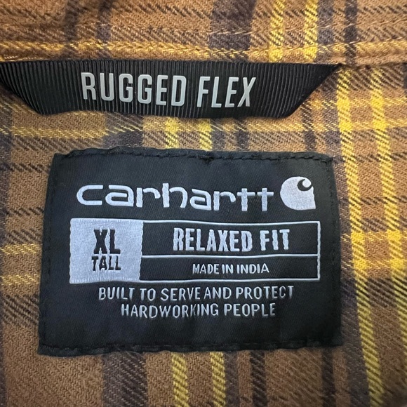 Carhartt Men's Yellow and Brown Plaid Rugged Flex Flannel Shirt - Picture 5 of 7